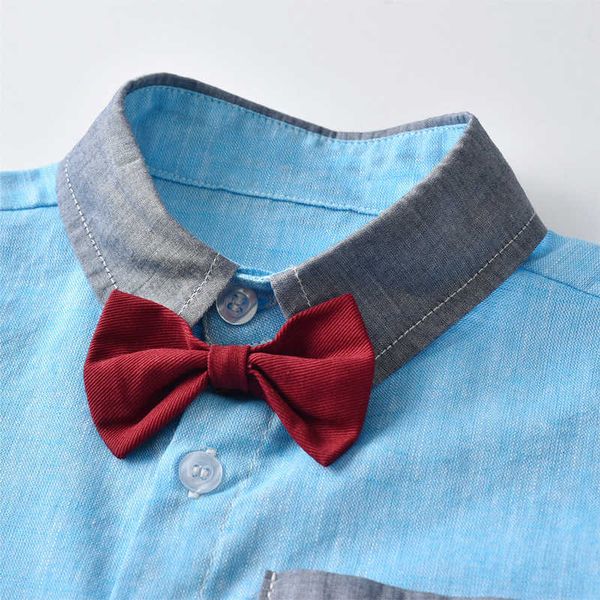 

children's summer short sleeve bow shirt boys' backpack shorts suit baby, Blue