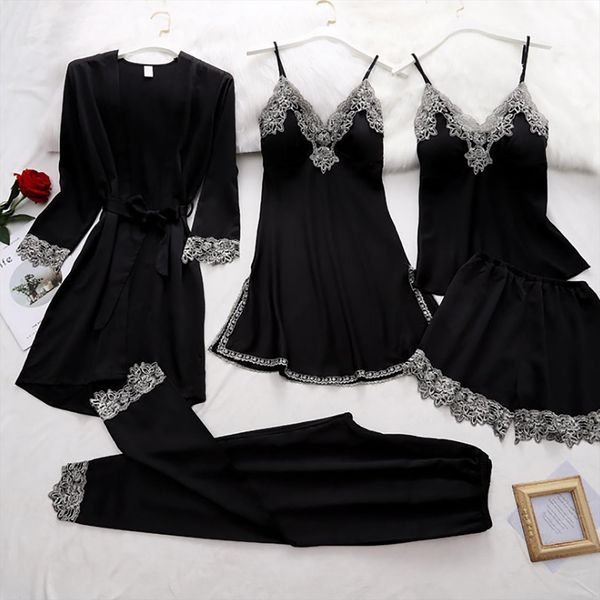 

5 piece pajama sets womens sleepwears fashion solid color four seasons pyjama femme lingerie robe lace v neck sleepwear, Black;red