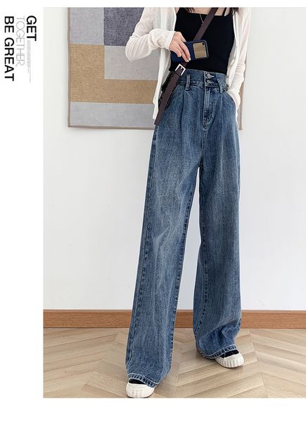 

2021 autumn new retro-blue right waist loose long leg rubbing cotton all-match women's jeans #549 fqr6