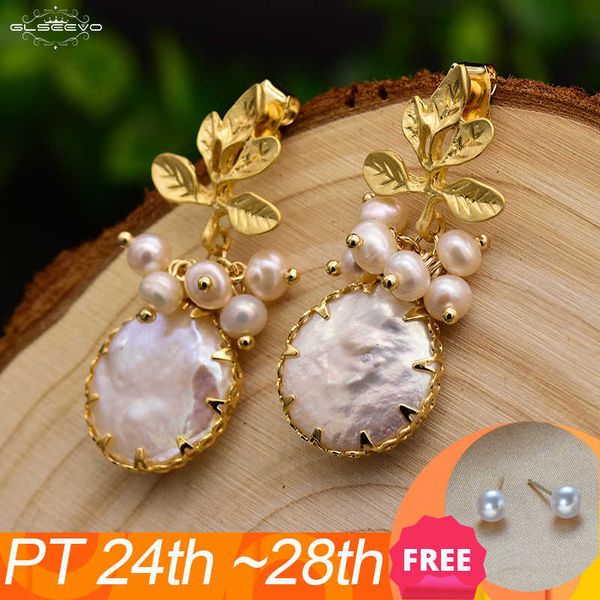 

glseevo natural fresh water baroque pearl earrings for women plant leaves dangle earrings luxury handmade fine jewelry ge0308, Silver