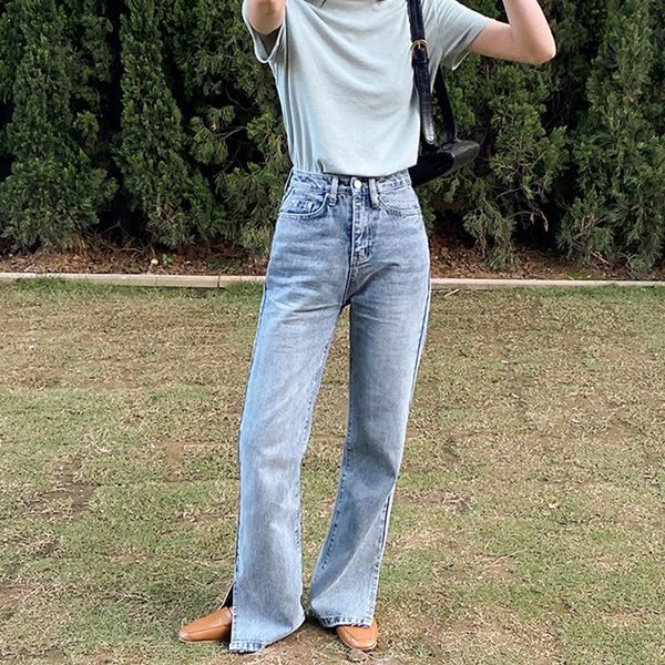 

women's jeans solid jeanss woman with high waist korea loose split straight women simple button slim 2021, Blue