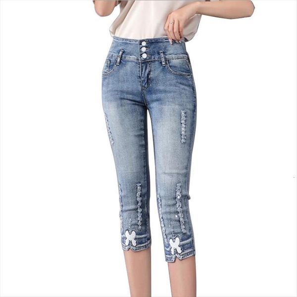 

summer high waist skinny capris womens jeans stretch knee length denim pencil pants, Blue