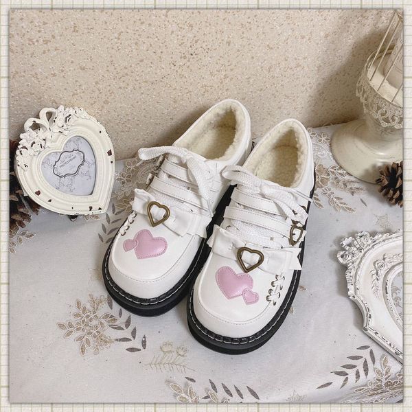 

platform lolita winter plus warm velvet running shoes mid-heel apartments pu kawaii anime japanese cosplay sweet bowknot heart k26r, Black