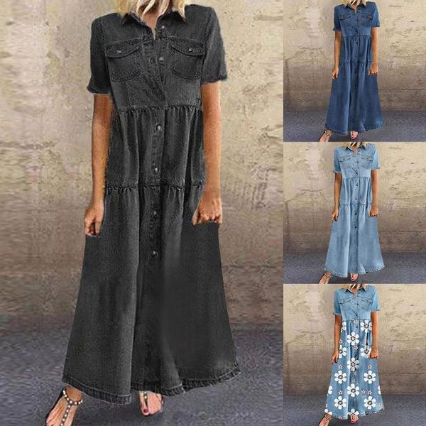 

casual dresses denim dress retro 2021 women short sleeve turn down collar pockets button long loose maxi, Black;gray