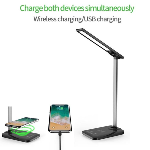 

multifunctiona led desk lamp with wireless charger 3 color touch sensitive control, dimmable table reading lamp for office
