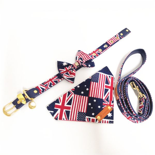 

bow tie dog collar and leash set-union jack -adjustable dogs bandana and collars for puppy cats 3 pcs (s, classic)
