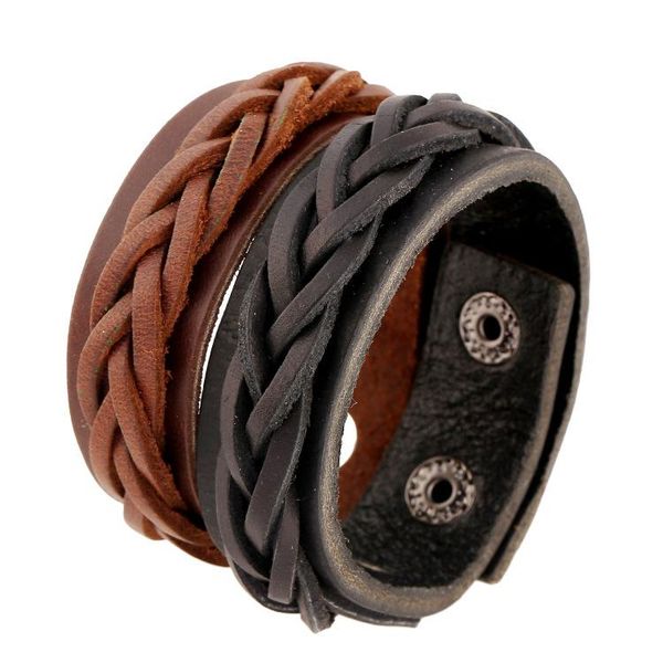 

charm bracelets arrival braided male leather punk knitted charms snap buckle clasp vintage black brown jewelry, Golden;silver