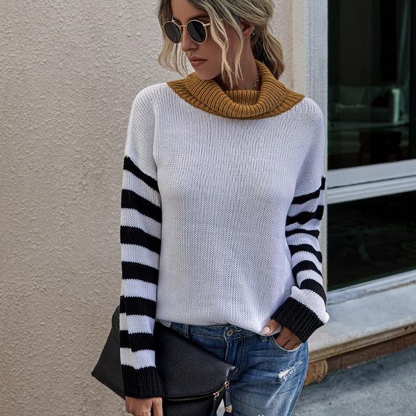 

women's sweaters striped patchwork autumn clothes women sweater knitted slim kpop pullover turtleneck streetwear woman, White;black