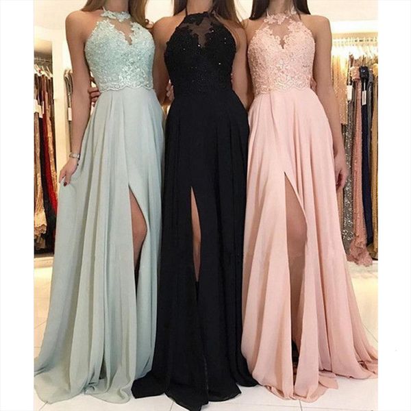 

fashion halter neck lace womens dresses chiffon ball casual split solid color sleeveless for wedding party, Black;gray