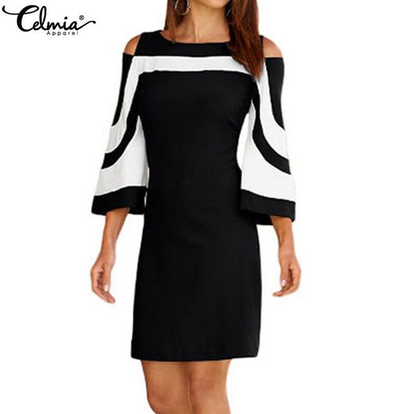 

celmia women elegant black white colorblock dress summer 3/4 sleeve casual slim office work ladies plus size vestidos robe, Black;gray