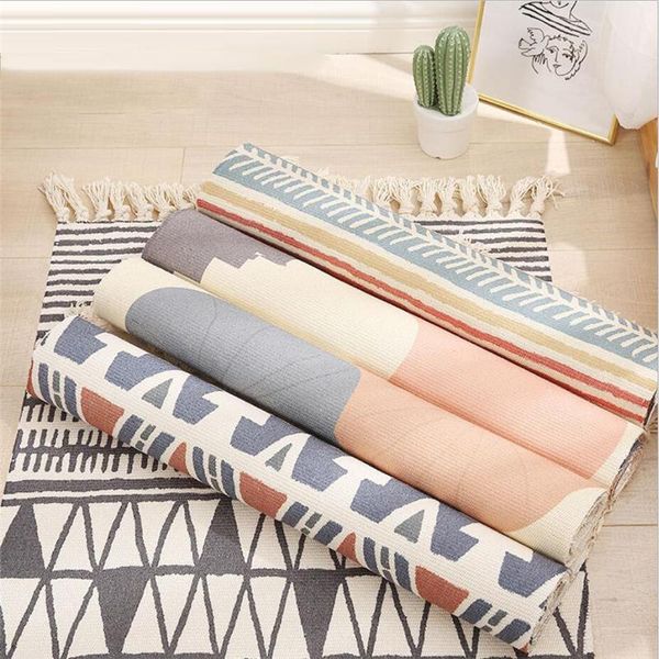 

cotton and linen rugs ethnic wind bedside mats decorative rugs kitchen and bathroom outdoor porches laundry woven mats