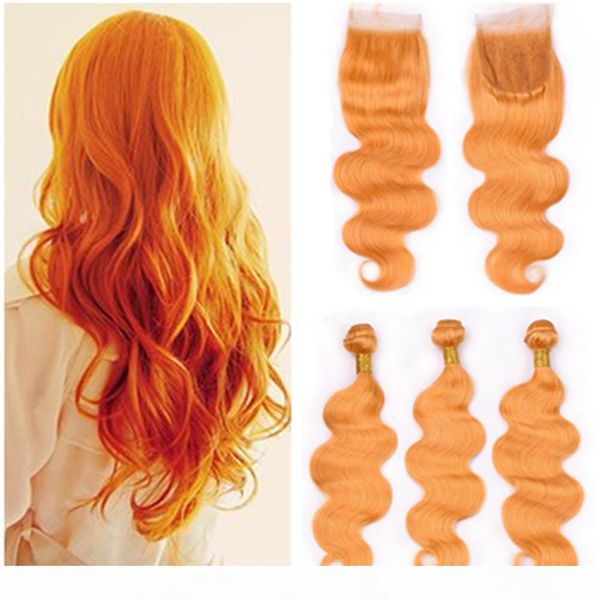 

body wave brazilian virgin human hair orange colored weave bundles 3pcs with closure body wave orange hair wefts with 4x4 lace closure, Black