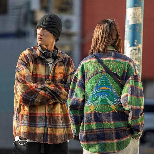 

men's casual shirts embroidery women men harajuku color block plaid shirt streetwear fleece loose couple vintage japanese fashion man c, White;black