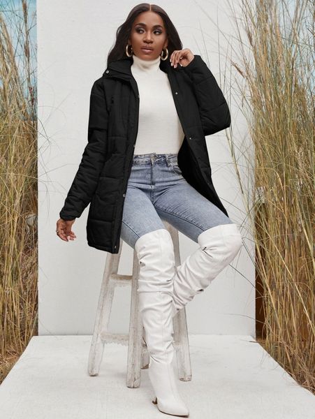 

sxy zip up snap button puffer coat y7z7#, Black