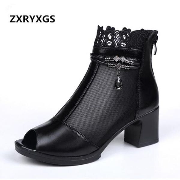 

dress shoes 2021 fish mouth mesh genuine leather sandals fashion high heel lace summer boots women size 35-41, Black