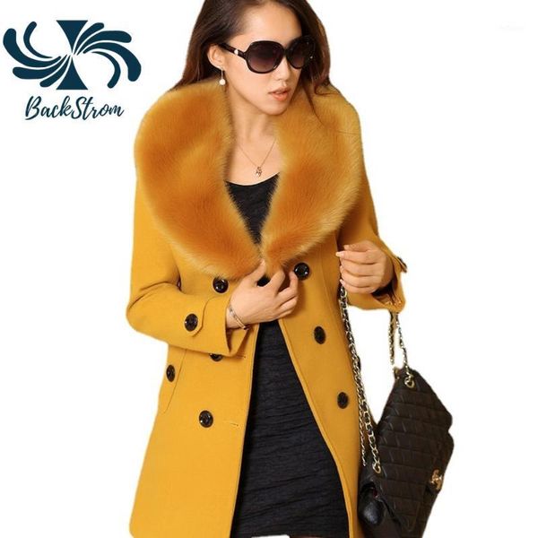 

women's wool & blends backstrom women fall-winter korean woolen coat large fur collar double-breasted mid-length jacket adjustable sash, Black