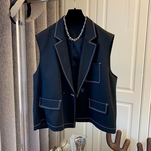 

women's vests kusahiki korean causal patchwork pockets women vest autumn double breasted waistcoat sleeveless turn-down collar 6z970, Black;white