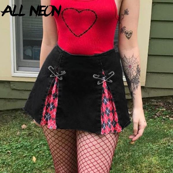 

allneon pastel goth patchwork clips argyle plaid pleated skirts y2k aesthetics high waist a-line mini skirts punk style black