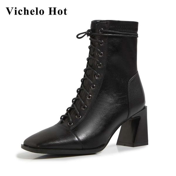 

boots vichelo limited customization plus size european style genuine leather square toe high heel cross-tied cozy ankle l8f1, Black