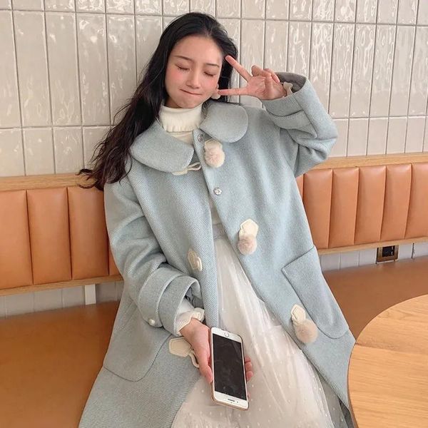 

women's wool & blends women solid pocket winter warm coat lady turn down collar blue fashion streetcoat female cute horn button overcoa, Black