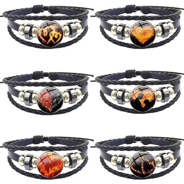 

charm bracelets for women gift fashion glass stone surface black leather bracelet bangle statement jewelry fiery hearts flame, Golden;silver