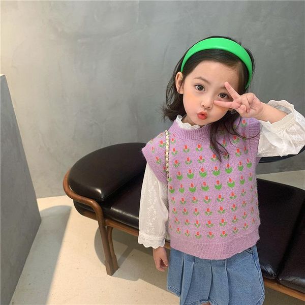 

2-8t floral sweater vest for girls toddler kid baby spring clothes sleeveless loose print pullover elegant cute knitwear, Blue