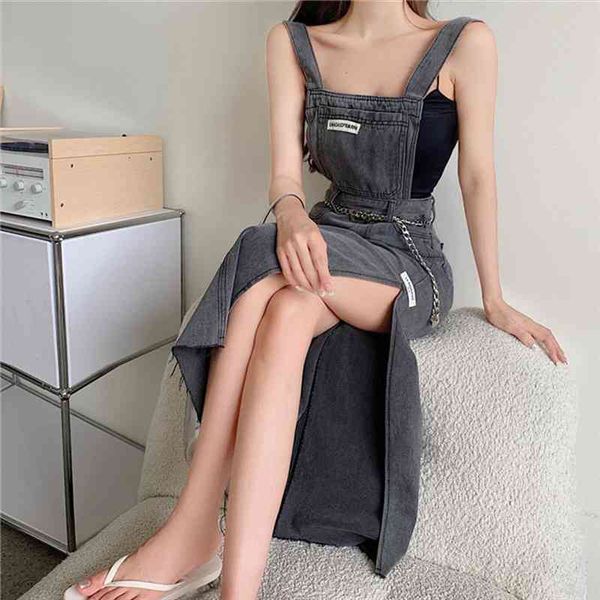 

summer trend label suspender retro womens skirt ripped denim spaghetti strap split long women sundress girl streetwear, Black
