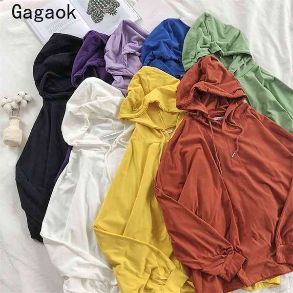 

fashion casual thin hoodies spring autumn solid hooded full pullover loose simple wild korean women clothing 210531, Black