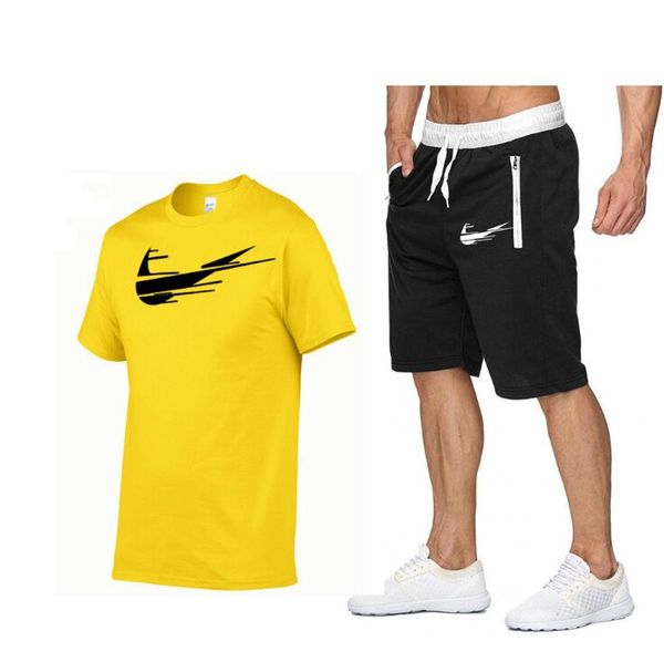 

2021 summer fashion leisure 100% cotton men's tracksuit sportswear track suits male sweatsuit short sleeves t shirt 2 piece set, Gray