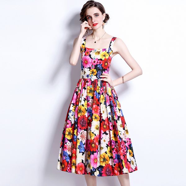 

runway fashion women floral print dress spaghetti strap single breasted goddess vestidos 2022 summer beach holiday vestidos, Black