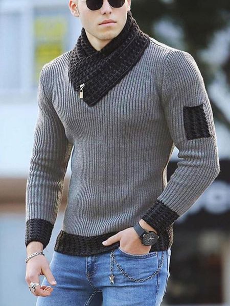 

men's sweaters european and american slim knit sweater pullover long-sleeved scarf collar jacket stitching, White;black