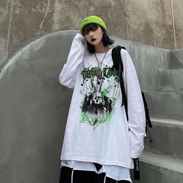 

women's t-shirt men's and 2021 autumn harajuku style korean version loose outer wear versatile long sleeve bottomed shirt, White