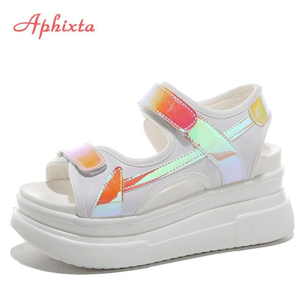 

dress shoes aphixta 10cm / 3.94inch fashion high heel platform sandals women open toe reflective color leather white wedge sandal, Black