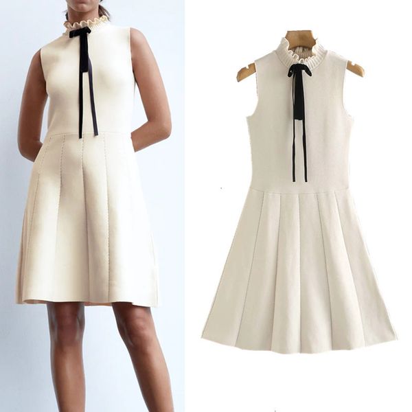 

sleeveless 2021 new flared mini knitted women fashion tied high neck ruffle jersey dress woman elegant vintage slim dresses kr68 ymvz, Black;gray