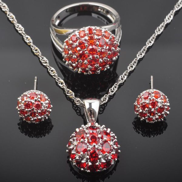 

earrings & necklace 2021 red zirconia women's silver plated jewelry sets party pendant rings brithday gifts qz0550