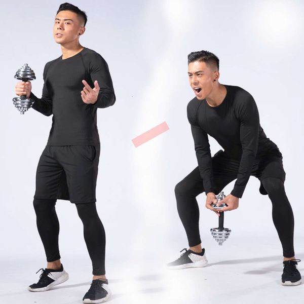 

sports high elastic fast dry long sleeve three piece fitness suit running training basketball tight clothes men, Gray