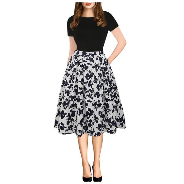 

women's swimwear patchwork women leisure dresses summer fashion fold princess dress short sleeve splicing print hem o-neck a-line, White;black