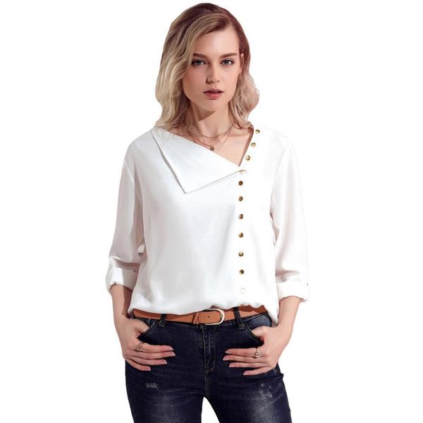 

women's blouses & shirts chiffon blouse 2021 fashion long sleeve women and skew collar solid office shirt casual blusas chemise femme, White