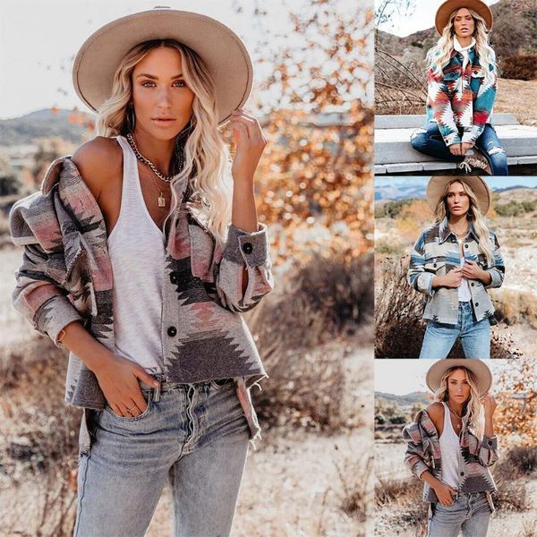 

women's jackets women's retro ethnic geometric print woolen 2021 autumn and winter long-sleeved loose fashion jacket female, Black;brown