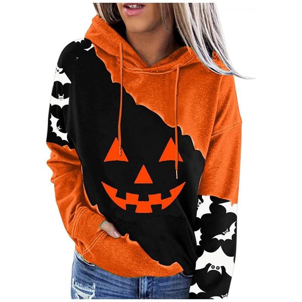

women's hoodies & sweatshirts 2021 autumn and winter women pocket halloween colourblock printed long sleeve hooded sweatshirt top, Black