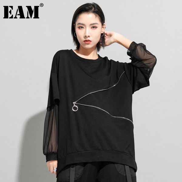 

women's t-shirt [eam] women black zippper mesh spliced big size round neck long sleeve fashion tide spring autumn 2021 1dd5774, White