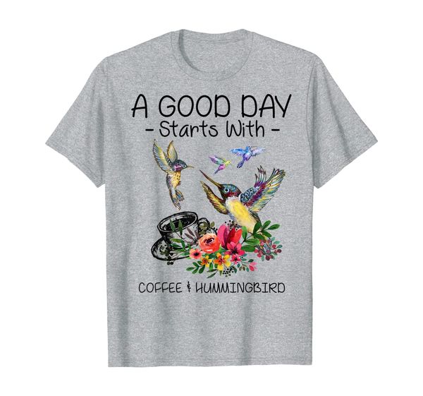 

a good day starts with coffee and hummingbird t-shirt, White;black