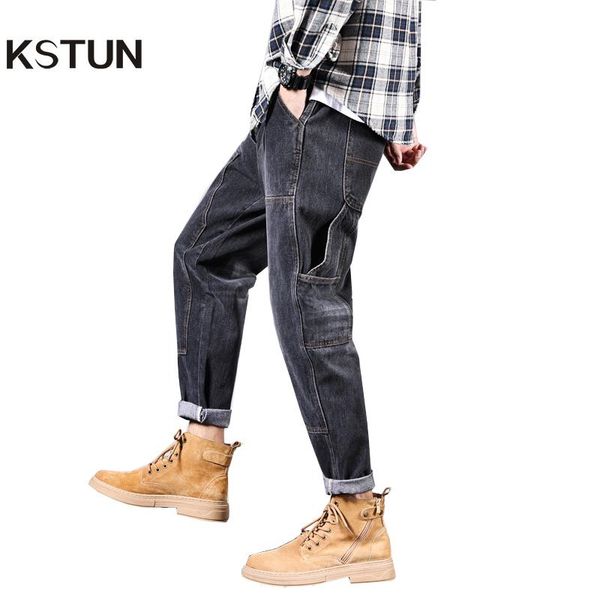 

men's jeans kstun baggy men black loose fit harem pants wide fashion side pockets blue hip hop streetwear casual denim trousers