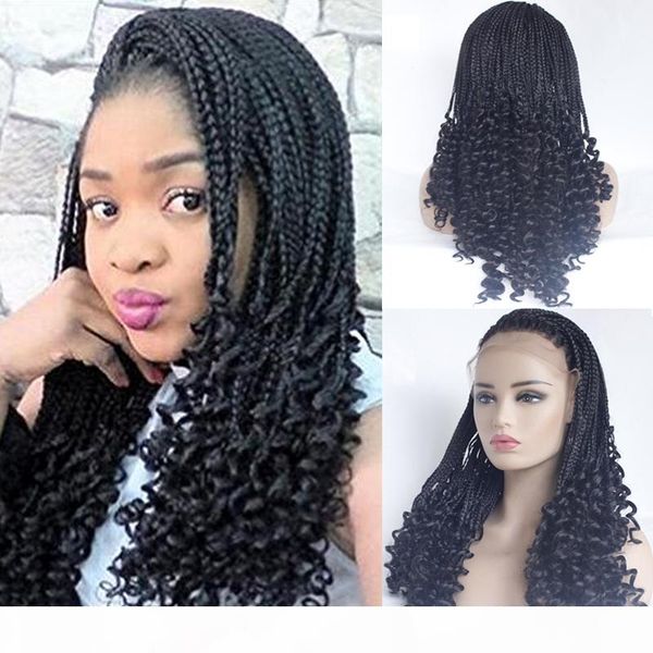 

natural color micro braiding with curly tips synthetic lace front wigs parting braids braided wigs heat resistant fiber half hand weave, Black