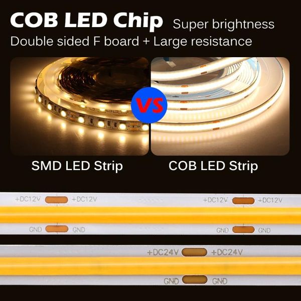 

strips 5m/lot cob led strip light 320 384 528 leds high density super bright flexible lights dc12v 24v tape