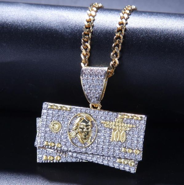 

hip-hop men's jewelry two-color electroplated micro-inlaid zircon us dollar bill pendant, Silver