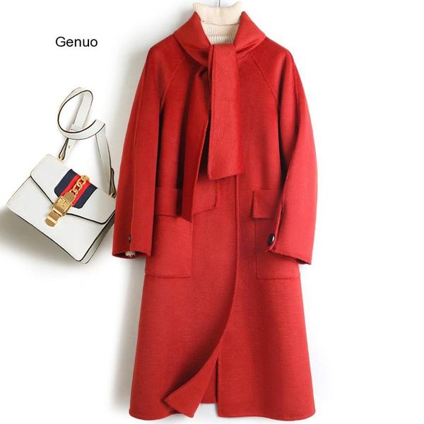 

women's wool & blends women coat alpaca female medium length bow collar outerwear red woolen winter fashion arrival, Black
