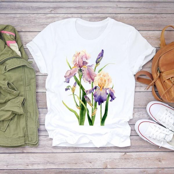 

flower cute watercolor print women aesthetic clothes summer graphic female ladies womens tee, White