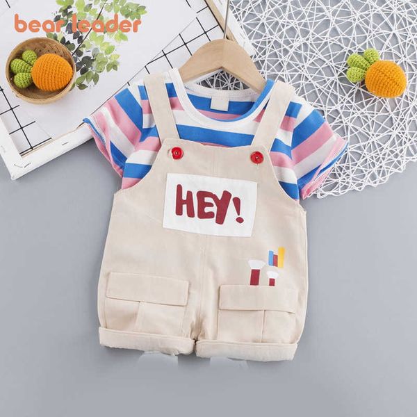 

bear leader boys girls casual clothing sets fashion baby striped t-shirt and suspender pants outfit children summer clothes 1-4y 210708, White