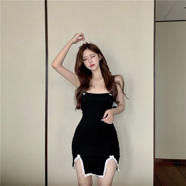 

dress female lace stitching black waist close slim suspender skirt, Black;gray